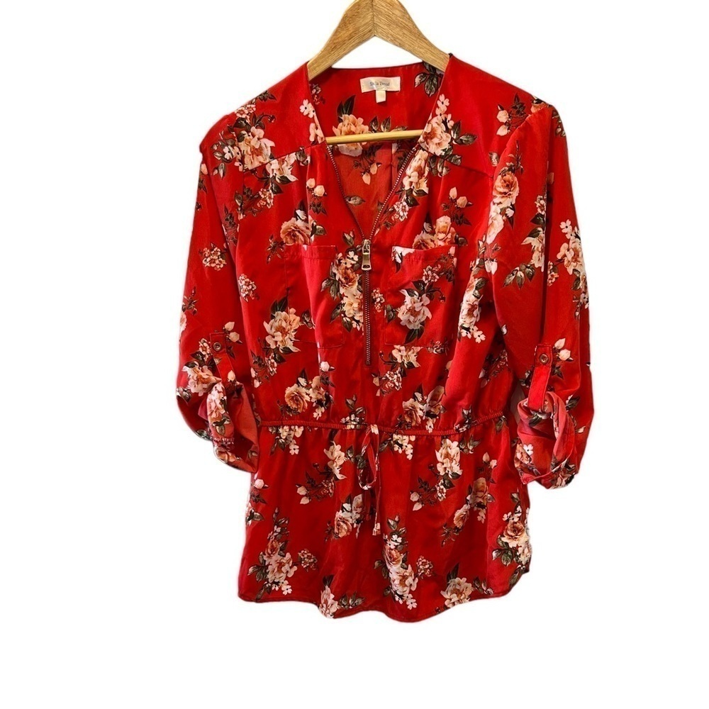 Red Floral Print 3/4 Sleeve V Neck Cinched Waist Lightweight Top M